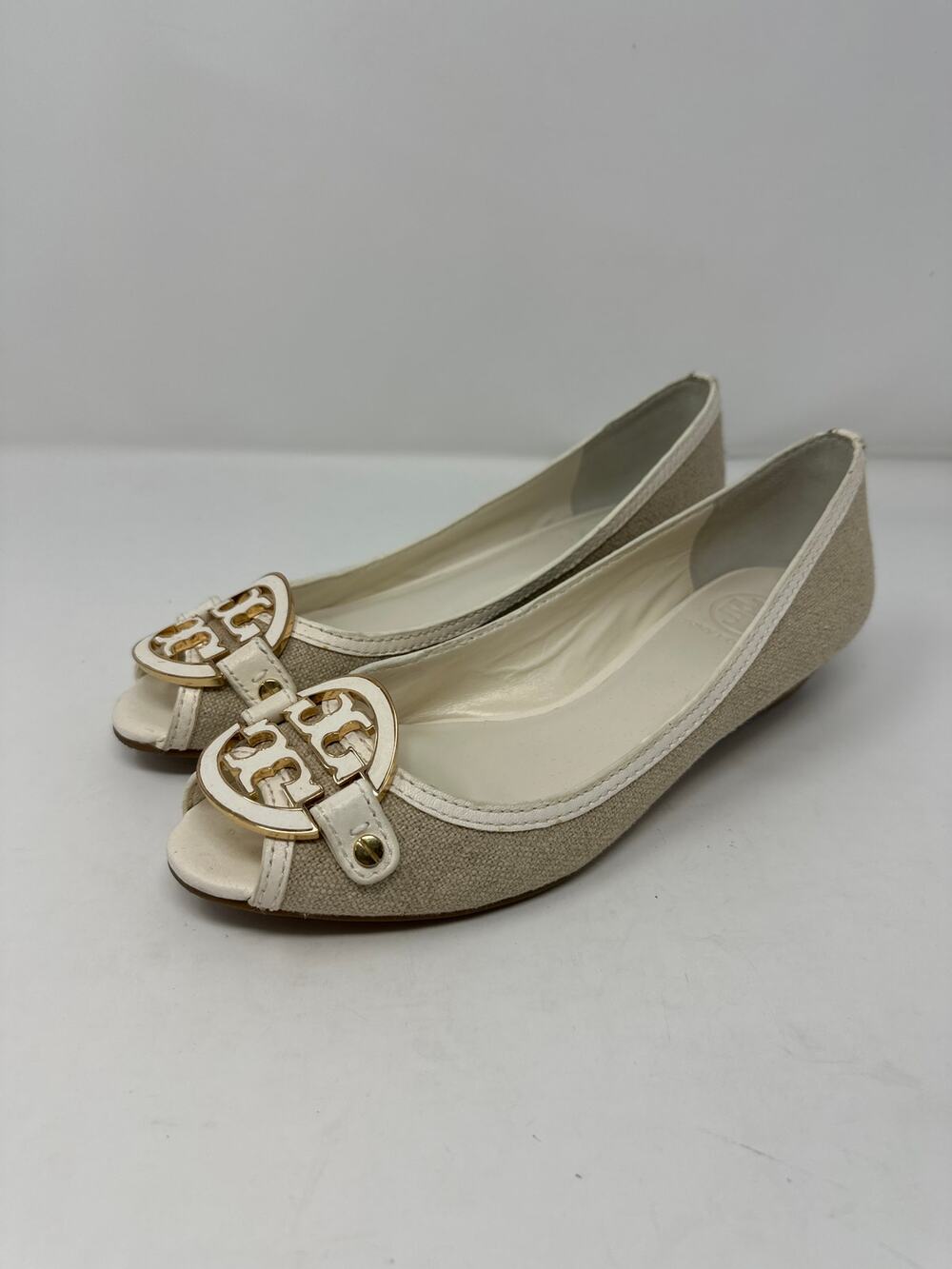 Tory Burch Women’s Amanda Open Toe Demi Metal Monogram Wedge size 9.5